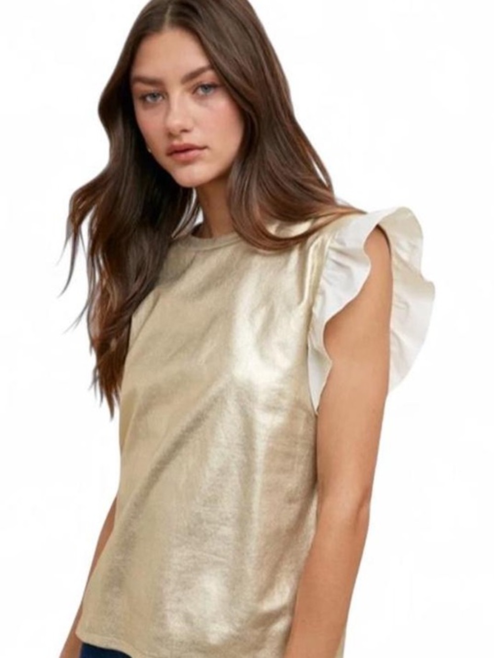 Champagne Metallic Ruffle Sleeve Top Anniewear